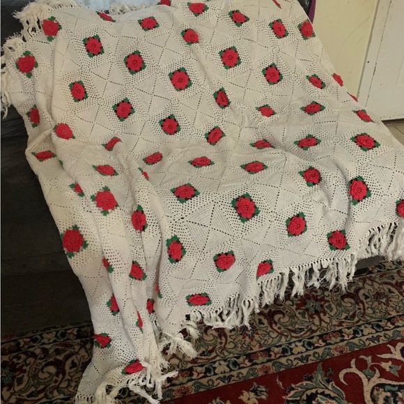 Handmade Crochet Blanket with Red Floral Design - Picture 3 of 11